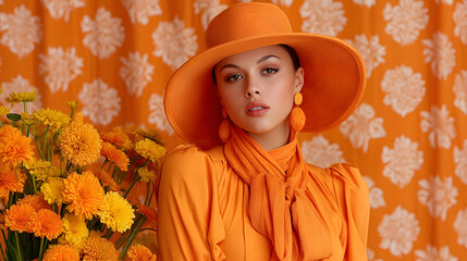 Elegant woman in stylish orange outfit with hat and flowers, perfect for fashion editorial