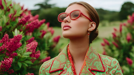 Elegant woman in red sunglasses and vibrant floral jacket enjoying sunny garden moments