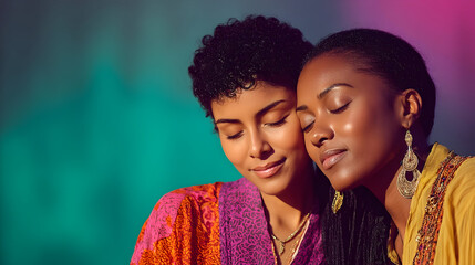 Two serene women embracing with eyes closed, radiating peace and connection, beauty.