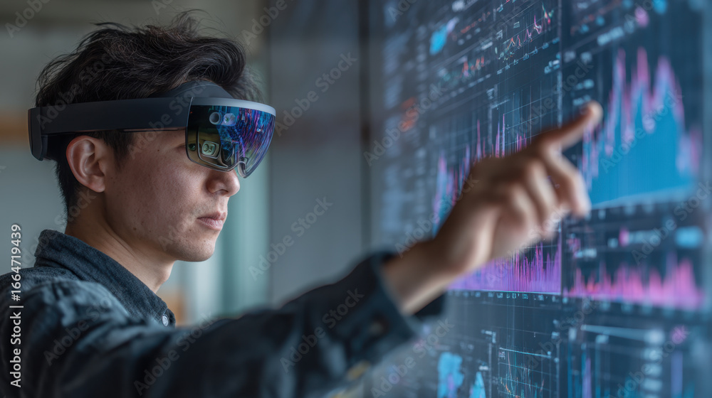 Poster immersive technology enhances data analysis as man interacts with digital display using augmented re