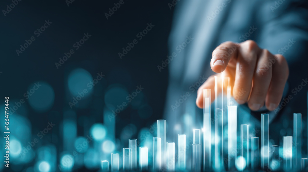 Poster business professional interacts with digital graph, showcasing growth and data analysis. image conve