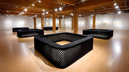 Modern art gallery showcases striking black sculptural benches bathed in warm ambient light