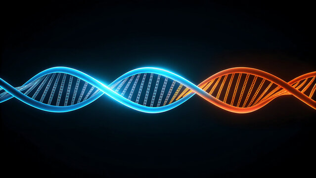 Dynamic DNA strand illustration with vibrant blue and orange colors, symbolizing life science