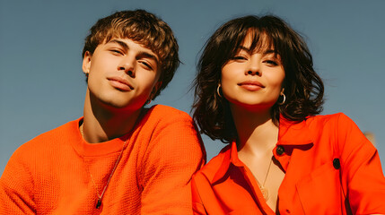 Young couple radiating confidence and style in vibrant orange outfits against a clear blue sky