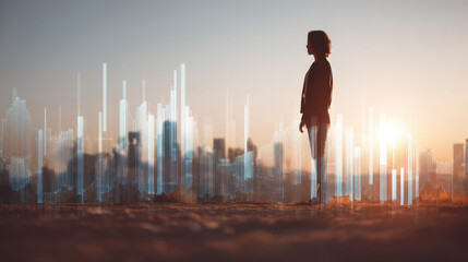 Silhouette of person standing against sunset skyline, with digital data visualization overlay, symbolizing growth and innovation. scene evokes sense of ambition and future possibilities