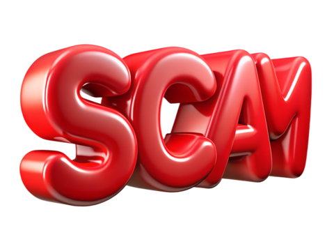 Red Glossy 3D Render of the Word Scam Against a Black Background Represents Fraud and Deception