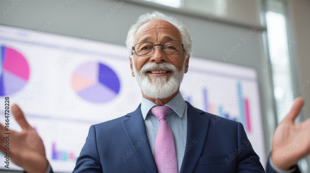 Poster smiling elderly man in suit presenting data with enthusiasm in modern office environment, showcasing
