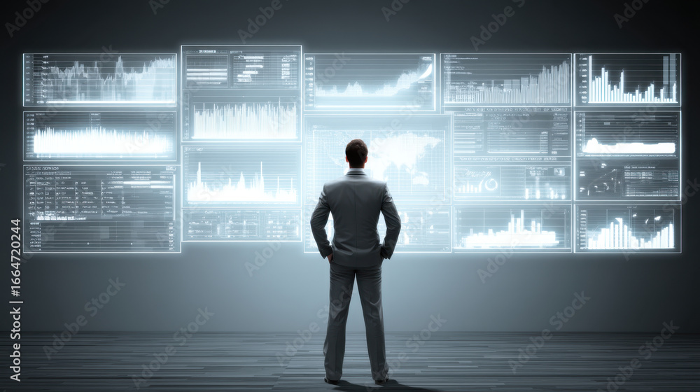 Poster business professional analyzes data on futuristic digital display, surrounded by various graphs and 