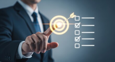 Obraz premium Businessman pointing at a target with an arrow, representing business goals and strategic achievement