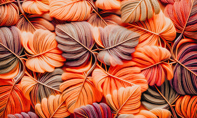 colorful tropical leaves Made from braided yarn, very beautiful spring nature wallpaper background
