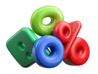 Colorful 3D Render of Discount Symbols Stacked Together on a Black Background for Marketing Materials