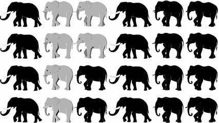 Fototapeta premium A pattern of black and gray elephants walking with their trunks down in a repeating arrangement design | editable eps vectors silhouette
