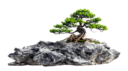 A detailed close-up of a beautifully sculpted Japanese bonsai tree perched atop a rugged, grey rock formation, presented on a pure white background