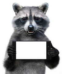 A waist portrait of a smiling raccoon with a smartphone in its front paws, the device offers a horizontal blank white screen as copy space. 3d rendering on transparent background, no AI used © imaltsev