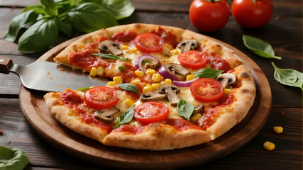 pizza with salami and tomatoes