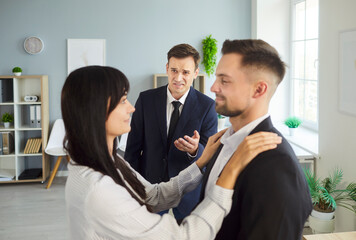 Office love triangle sparks confrontation and jealousy. In an office, an affectionate couple faces a manager as cheating, infidelity, and a secret affair come to light, hinting at betrayal.