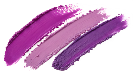 Three diagonal smears of purple lipstick in varying shades are isolated on transparent background, highlighting the beauty and texture of cosmetics