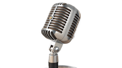 A vintage style chrome microphone stands isolated on transparent background, evoking a sense of classic audio technology and broadcasting