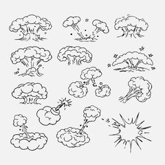 set of hand drawn bombs and clouds explosion with black and white color