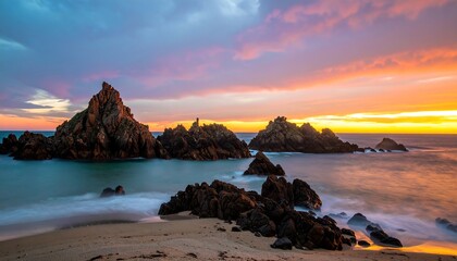 Dramatic sunset over a rocky coastline, showcasing the interplay of vibrant colors and tranquil water.