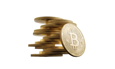 Bitcoin cryptocurrency gold coins stack isolated white background investment finance