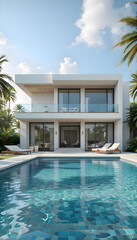 Fototapeta premium Large outdoor swimming pool in front of a modern contemporary house with clean architectural design creating a luxurious summer lifestyle and leisure environment