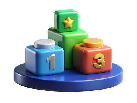 Three dimensional podium with colorful cubes representing first second and third place winners on black background
