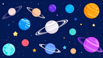 Colorful Cartoon Planets in Space Background Design.