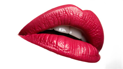 A closeup of luscious red lips with lipstick is presented isolated on transparent background, showcasing beauty and sensuality