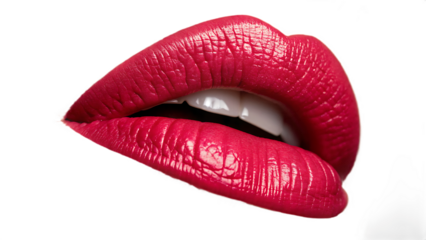 A closeup of luscious red lips with lipstick is presented isolated on transparent background, showcasing beauty and sensuality