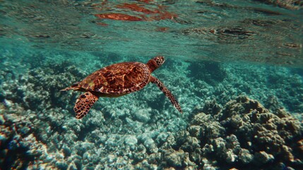 Obraz premium Green sea turtle gliding through clear ocean waters, surrounded by dappled sunlight and coral.