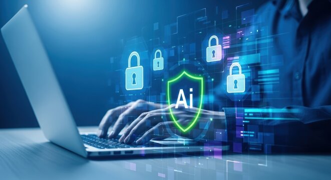Person using a laptop with glowing ai and security icons, representing cybersecurity and data protection