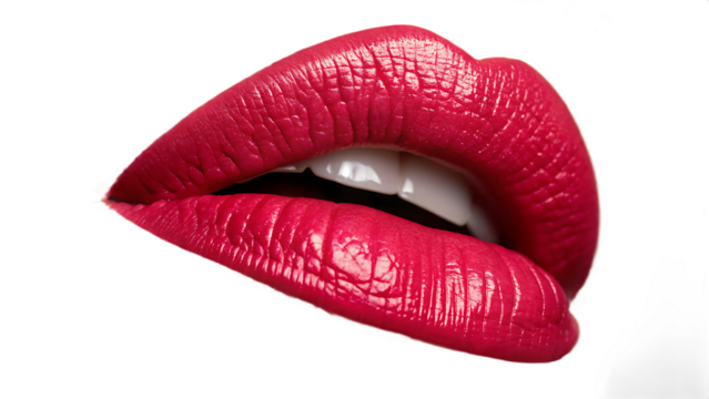 A closeup of luscious red lips with lipstick is presented isolated on transparent background, showcasing beauty and sensuality
