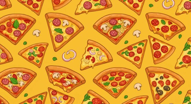 Seamless pattern of pizza slices with various toppings on yellow - Powered by Adobe