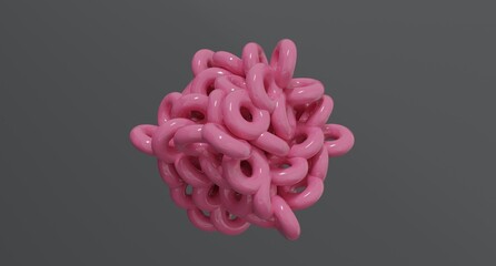 Abstract intertwined Pink rings arranged on a gray background in 3D render, creating a minimal futuristic composition perfect for design projects, branding, and digital illustration concepts.