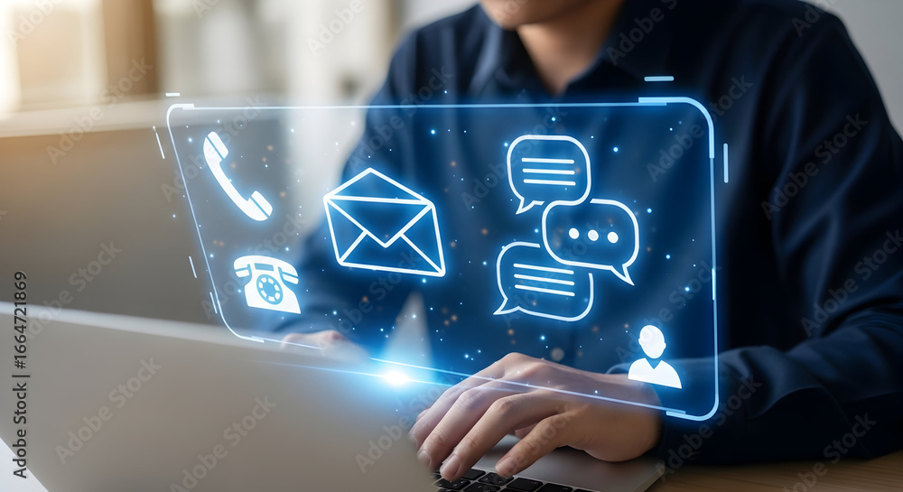 Fototapete typing on laptop with floating app icons — digital workspace showing cloud apps, communication and p