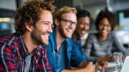 Collaborative team working together, smiling and engaged in discussion, showcasing teamwork and creativity in modern office environment