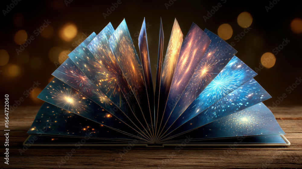 Poster beautifully arranged open book displays vibrant pages filled with colorful cosmic patterns and spark