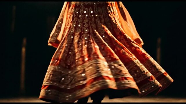 Elegant twirling red lehenga dress with intricate embroidery and mirror work for cultural celebrations and dance performance, creating a mesmerizing display.