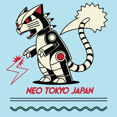 Neo tokyo japan robot cat monster with lightning bolt illustration design