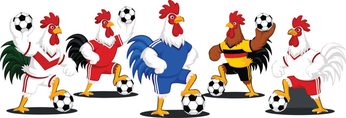 Cartoon roosters in football uniforms representing Germany, Portugal, France, and England with flags and soccer balls, funny sports mascot concept © MDALRAFIN