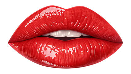 A pair of luscious red lips with a glossy finish isolated on transparent background exudes beauty, glamour, and a touch of sensual allure in a striking closeup