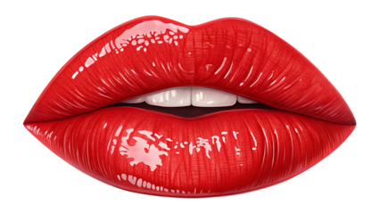 A pair of luscious red lips with a glossy finish isolated on transparent background exudes beauty, glamour, and a touch of sensual allure in a striking closeup