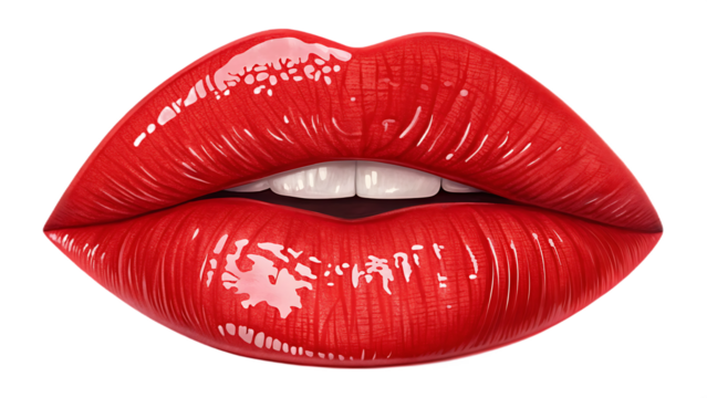 A pair of luscious red lips with a glossy finish isolated on transparent background exudes beauty, glamour, and a touch of sensual allure in a striking closeup