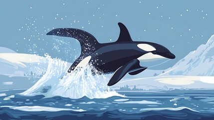 Obraz premium Orca leaping, icy landscape