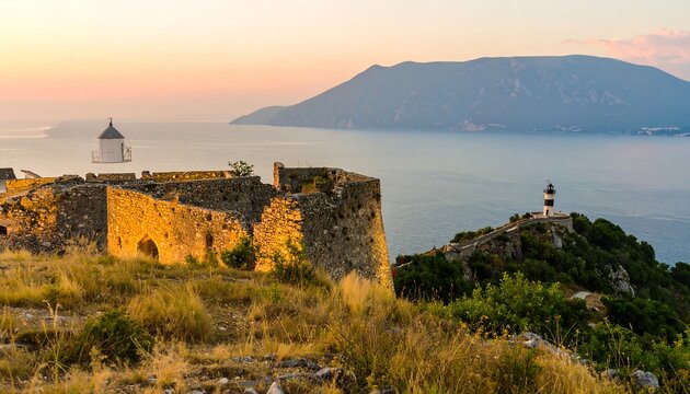 A picturesque vista of a weathered coastal fortress and lighthouse at sunset, with a tranquil body of water and distant mountains.