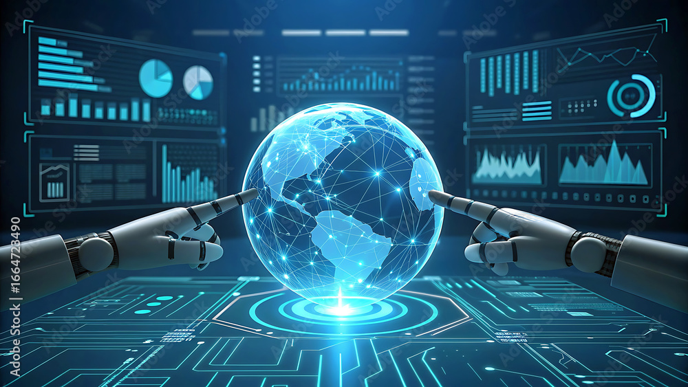 Aufkleber artificial intelligence global network with robot hands connecting the world innovative technology d