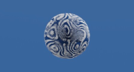 Abstract 3D render of a Blue furry sphere with swirling white accents placed on a Blue background, creating a minimal artistic composition perfect for design projects, branding, and illustration.