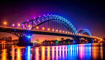 Obraz premium Vibrant Night Bridge over River with Colorful Lights.