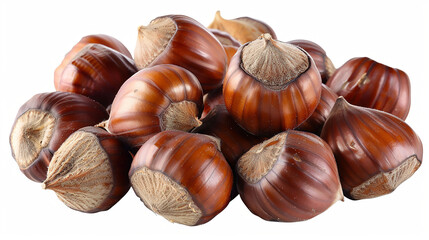 A simple, elegant still-life shot of a small, inviting pile of fresh, glossy brown chestnuts with their unique striped shells, captured against a clean white background.